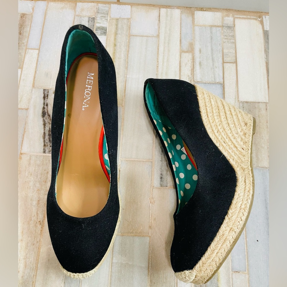 Merona Heels Womens 8 Slip On Espadrille Wedge Pumps Black canvas  Round Toe